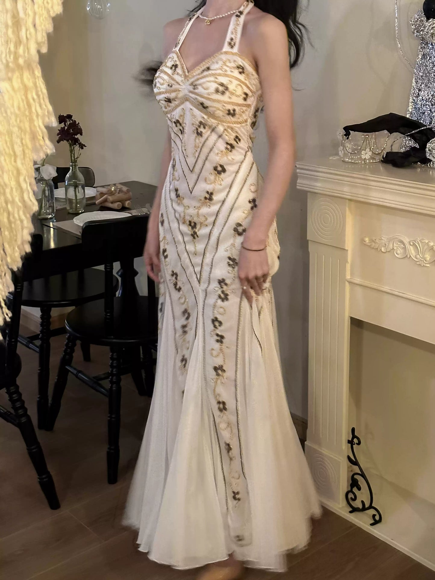 Vintage Embroidered Mermaid Backless Dress