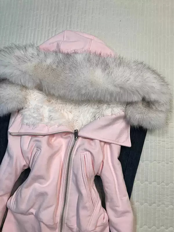 Pink hooded fur collar sweatshirt jacket