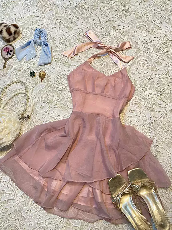 Fairy Pink Sleeveless Halter Dress