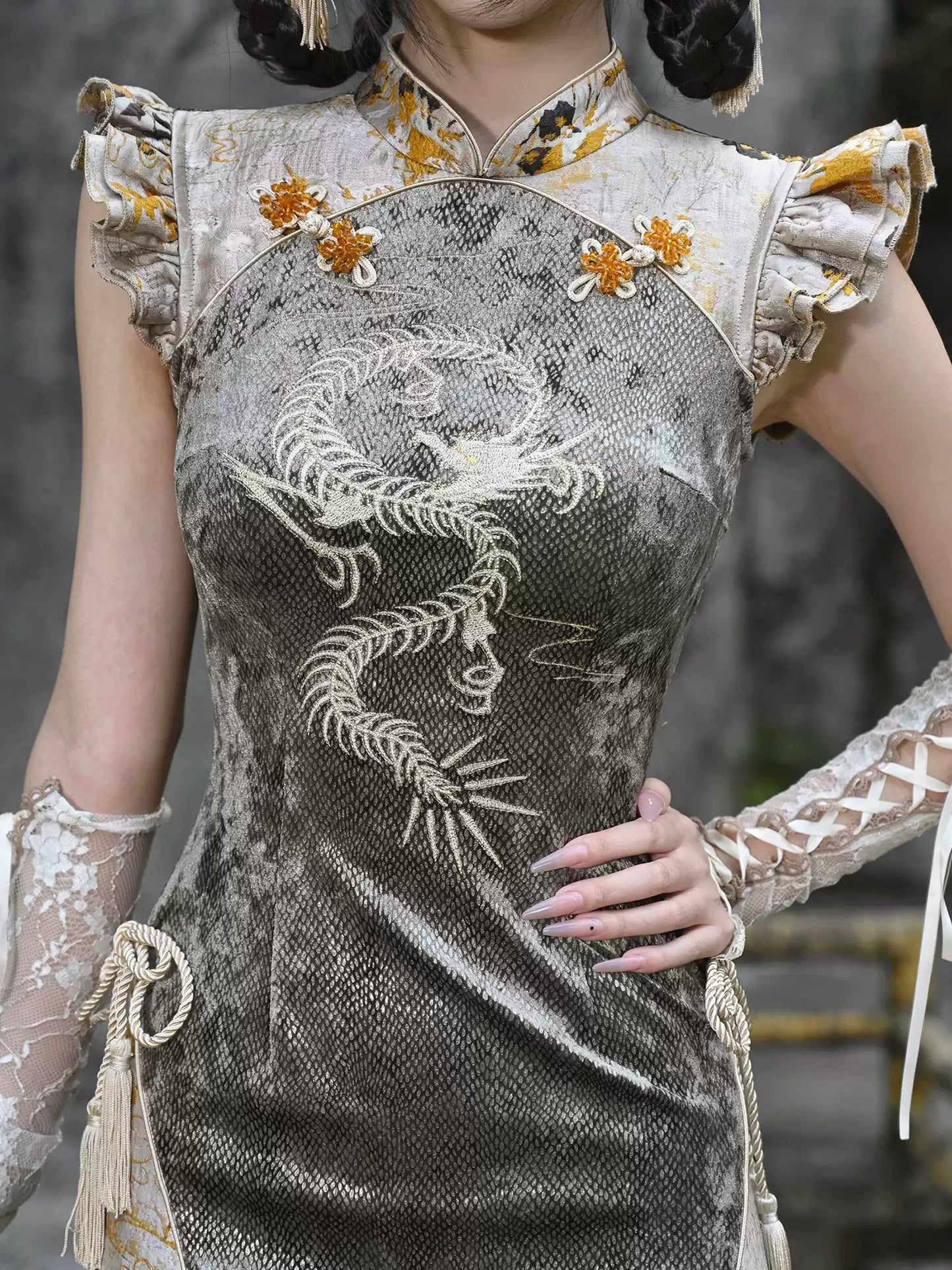 Spring Dragon Embroidered Snake Cheongsam Dress