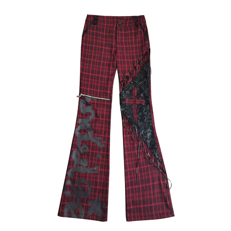 strappy hollow red and black plaid leather trousers