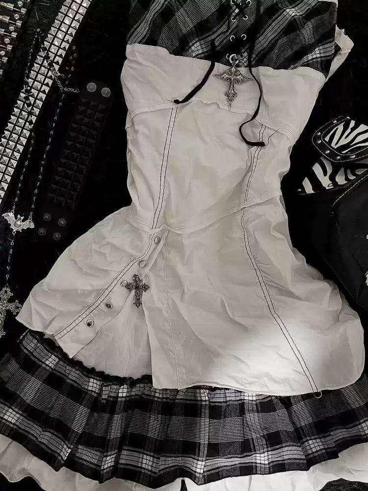 Retro Black Plaid Suspender Dress