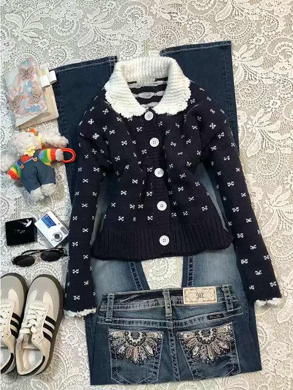 Navy Lapel Knitted Cardigan Jacket