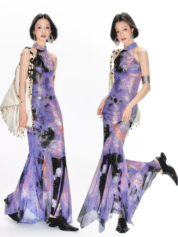 Purple Printed Halter Neck Cheongsam Dress