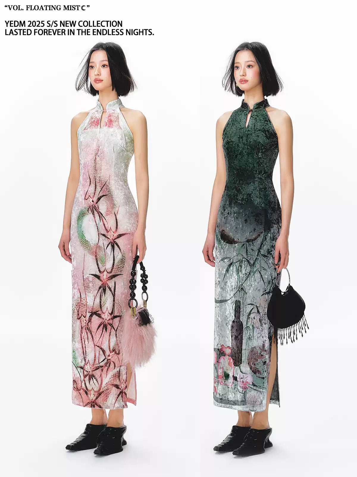Velvet Long Cheongsam Printed Dress