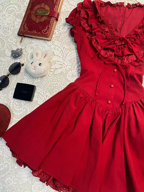 red lace v-neck shirt dress