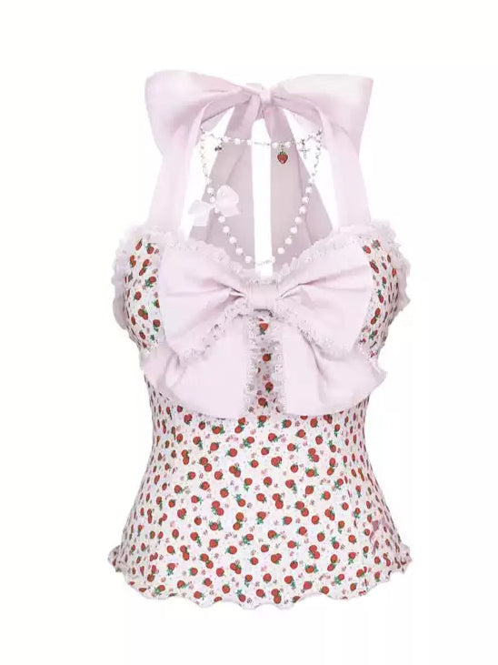 Lace-up Polka-dot Bow Halter Top