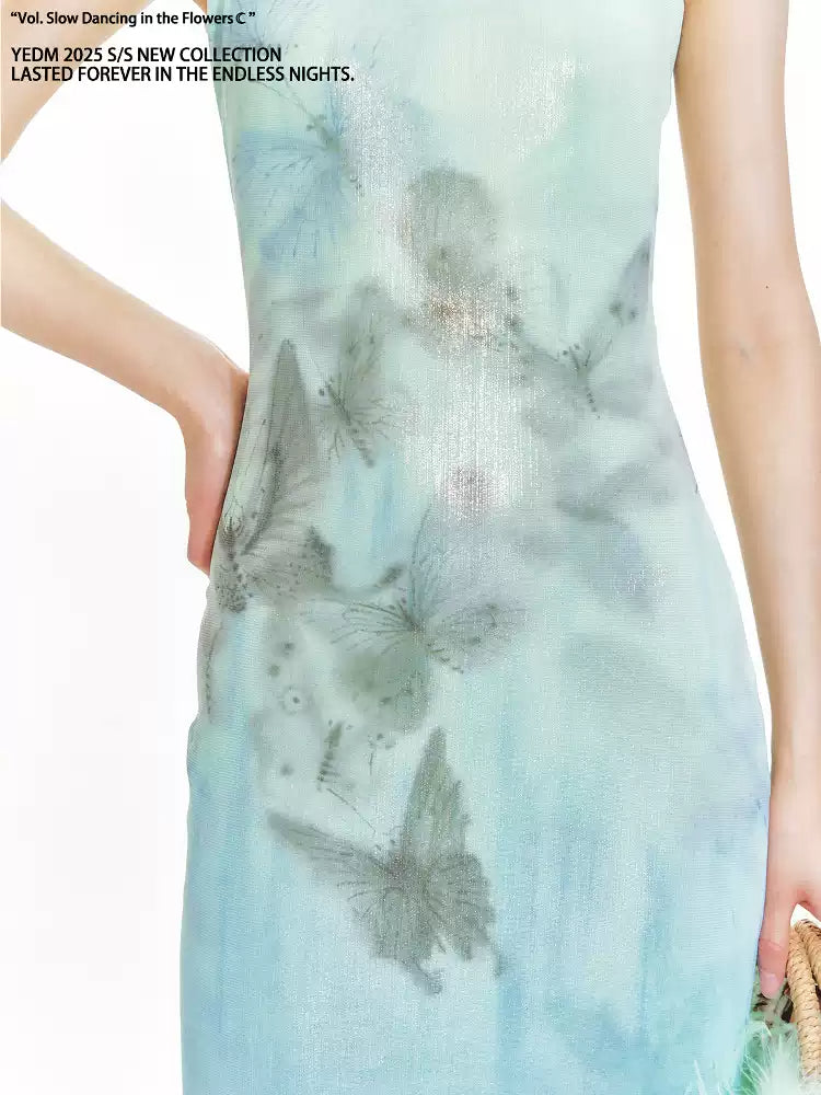 Butterfly Print Halter Neck Qipao Dress