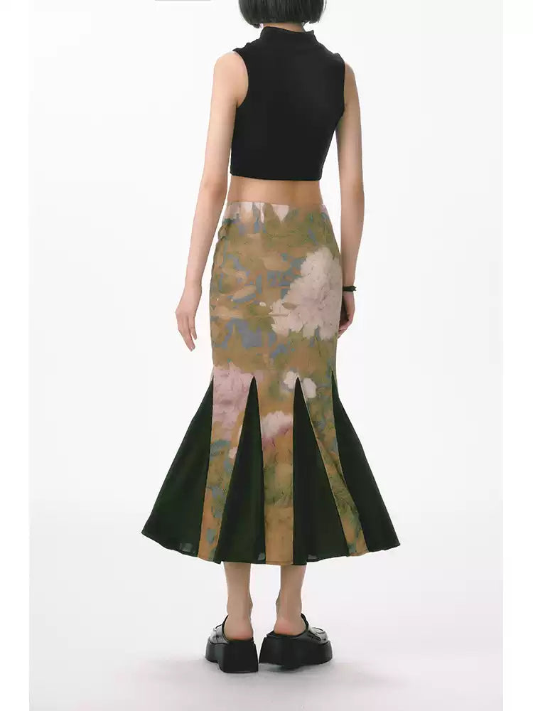 New Chinese Style Flower Stretch Fishtail Skirt