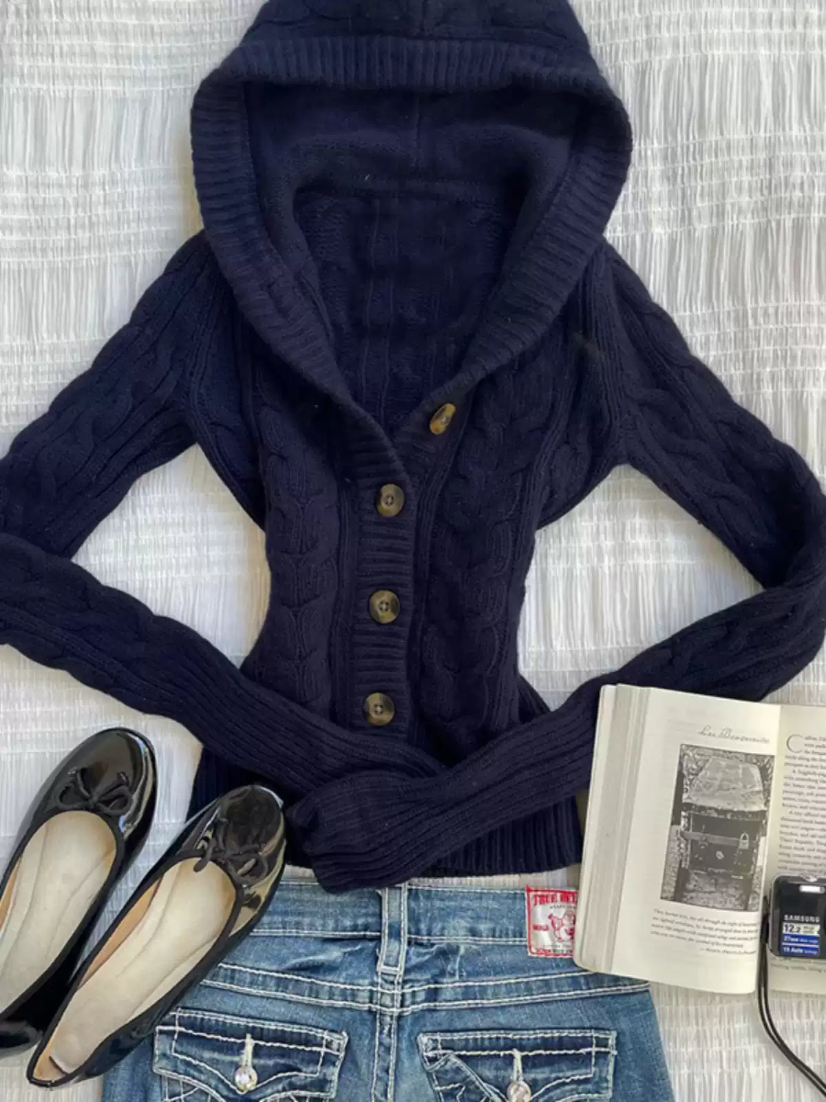 Navy blue hooded twist sweater jacket