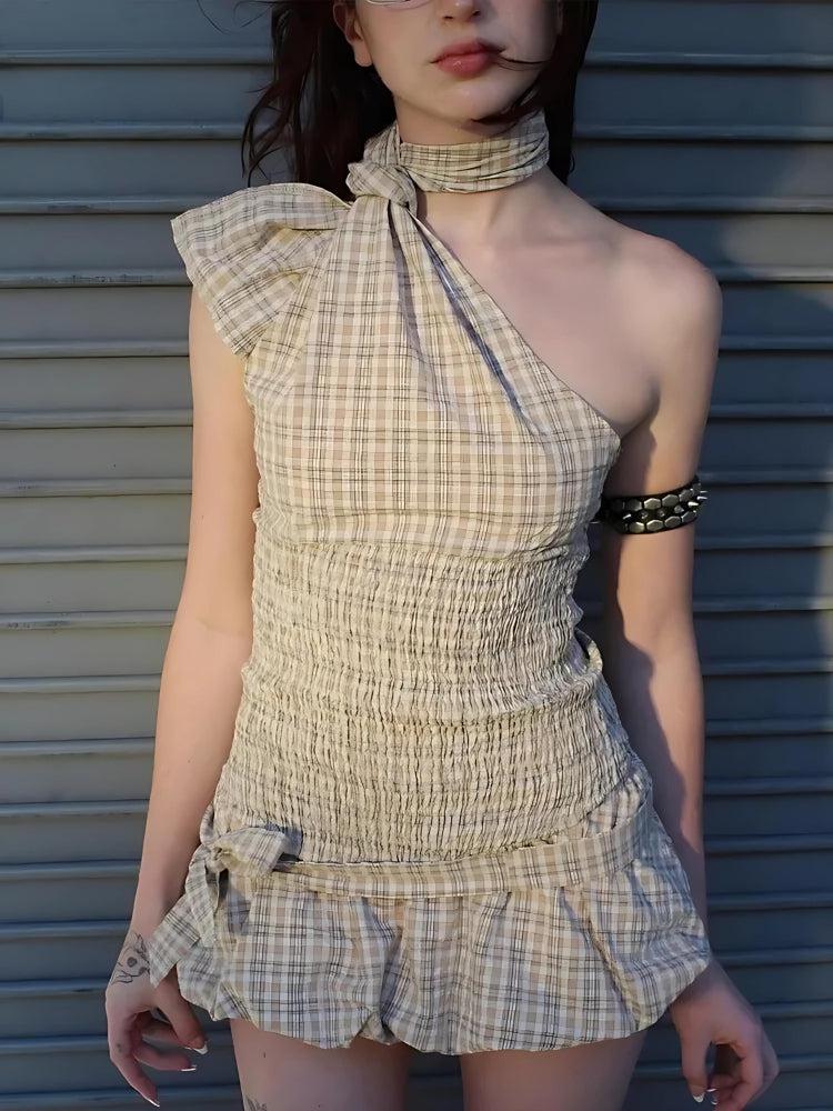 Plaid Ruched Balloon Plaid Skirt Set