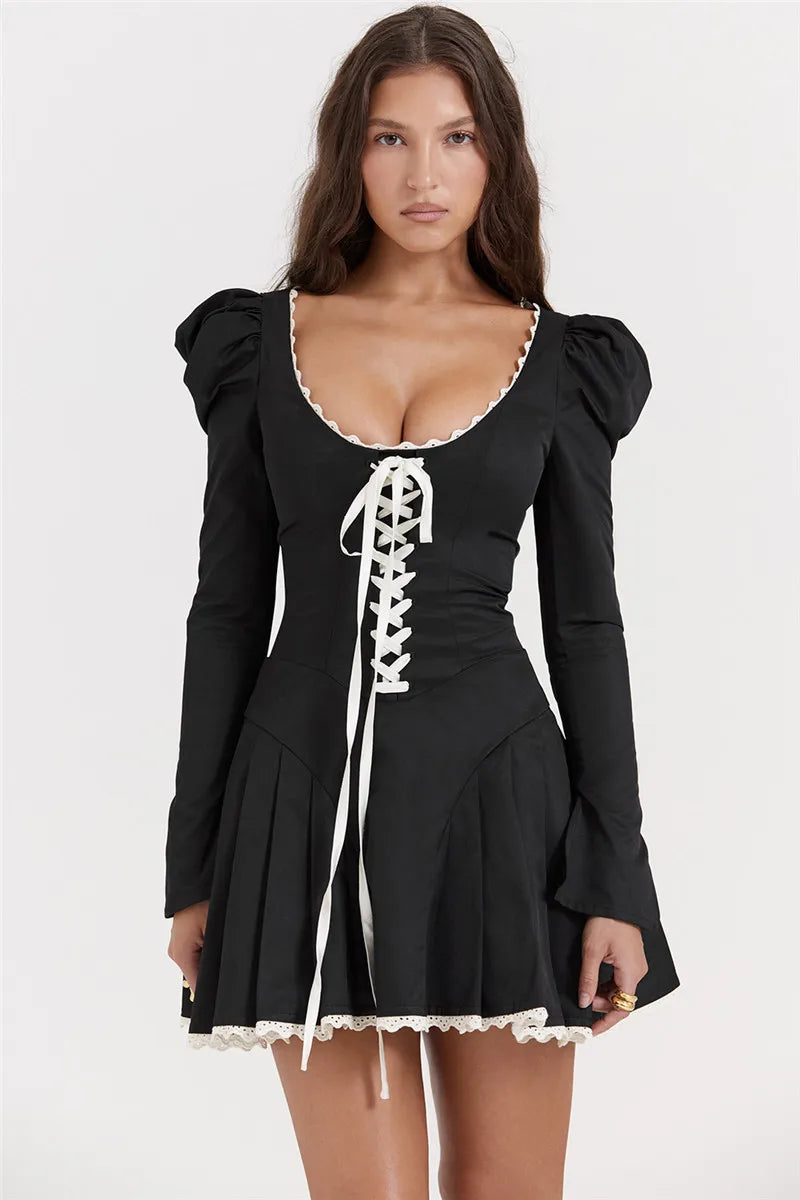 Puff Shoulder Pleated Mini Dress Black