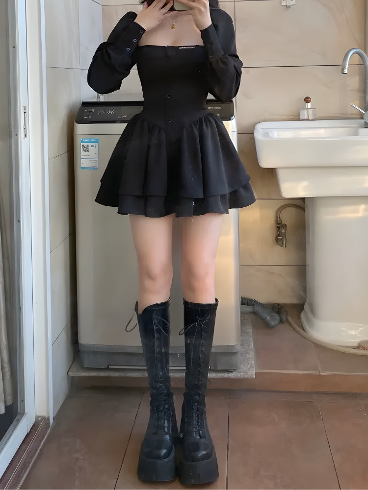 Ruffled Layered Corset Mini Dress Black
