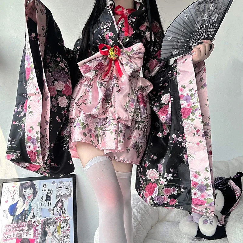 Traditional Japanese Pink & Black Kimono Dress Pink