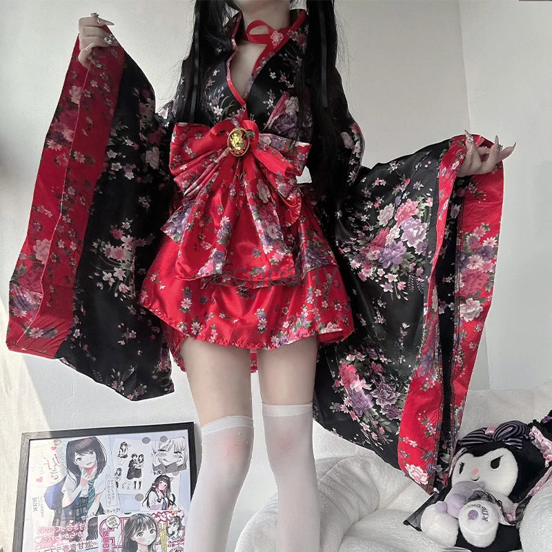 Traditional Japanese Pink & Black Kimono Dress Red
