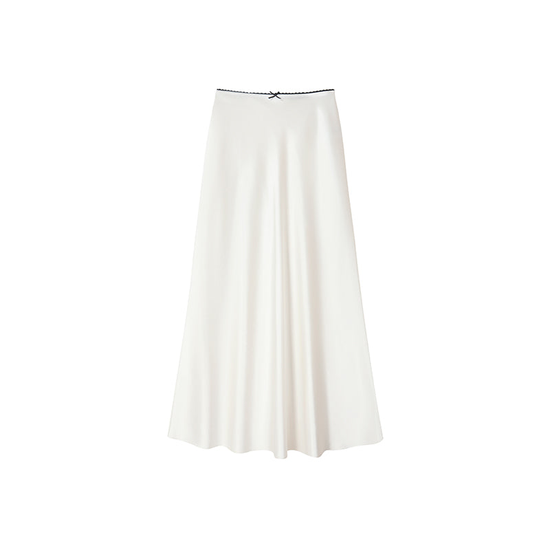 Satin Lace Bow Mid-waist Long Skirt