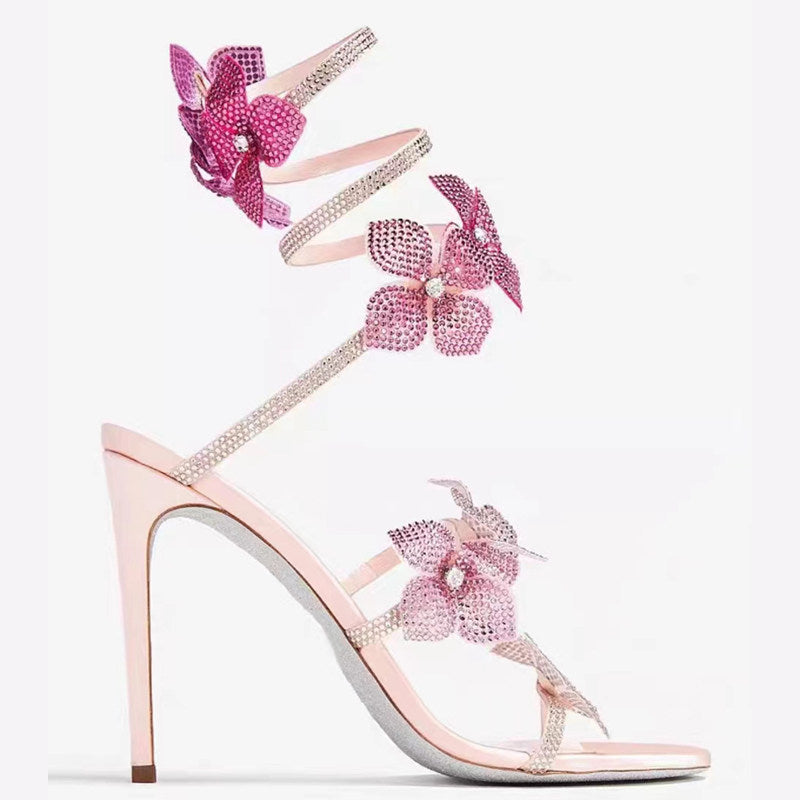 Rhinestone Snake-Wrap Floral High Heels