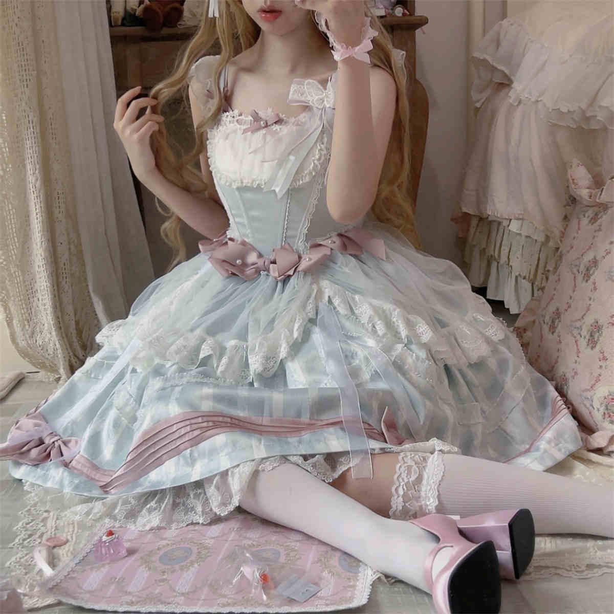 Baby Blue Mesh Pink Bow Lolita Dress