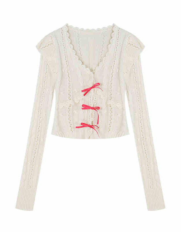 Coquette V-neck Bow Lace Long-sleeved Top