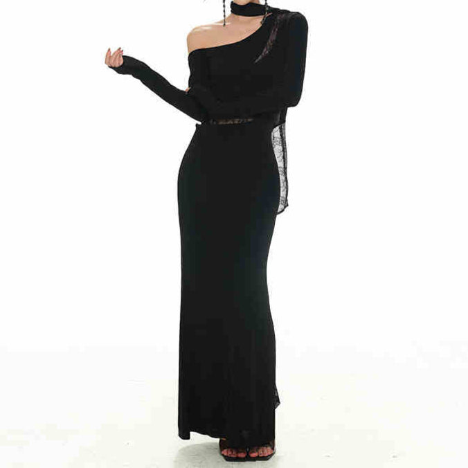 Off The Shoulder Shimmering Knitted Dark Coquette Dress