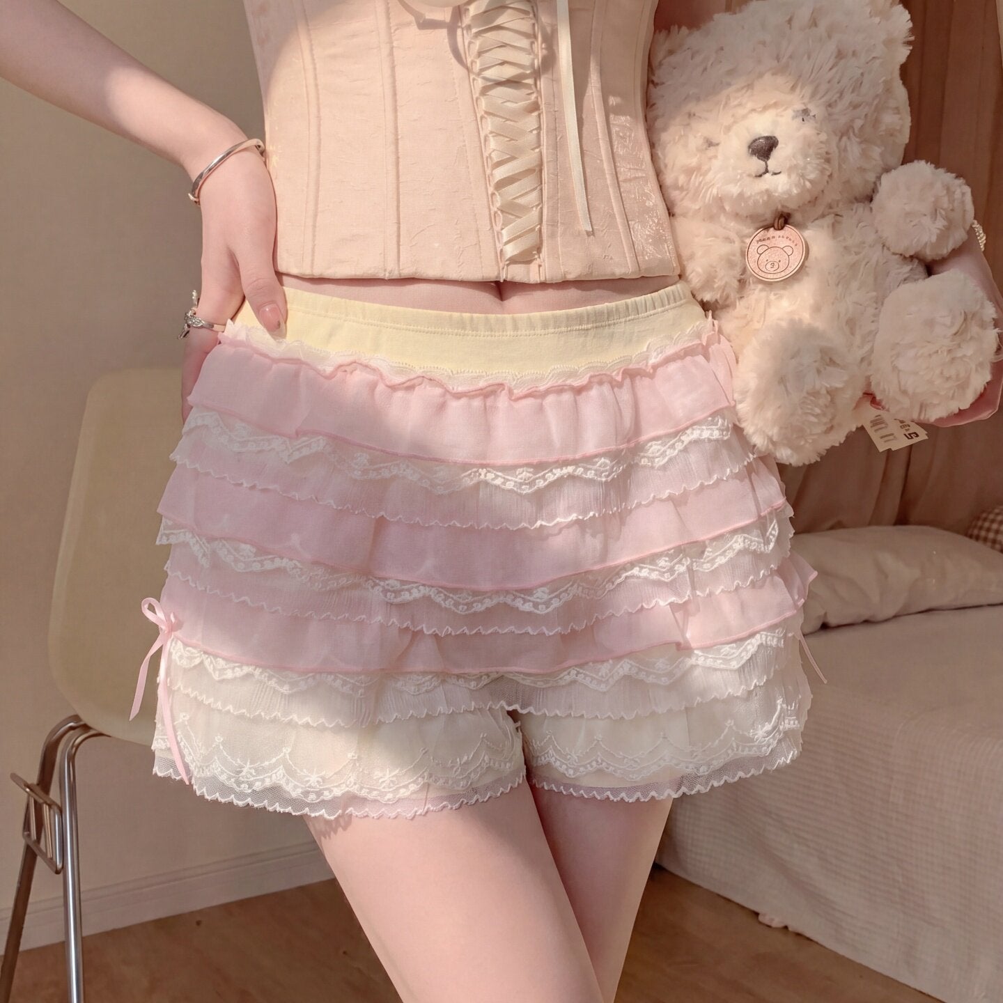 Lace Trim Cotton Anti-Slip Shorts