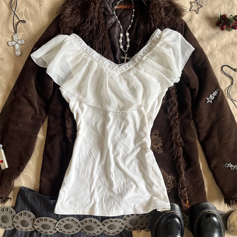 retro white v-neck ruffled shirt