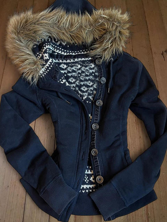 retro navy fur collar hooded jacket