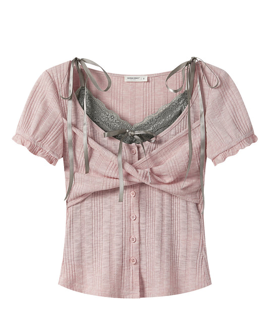 Lace Bow Straps V-neck T-shirt