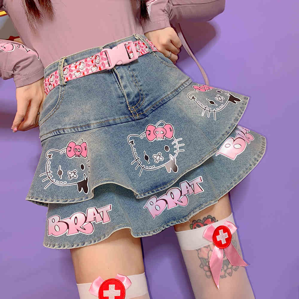 Y2K Kitty Denim Skirt