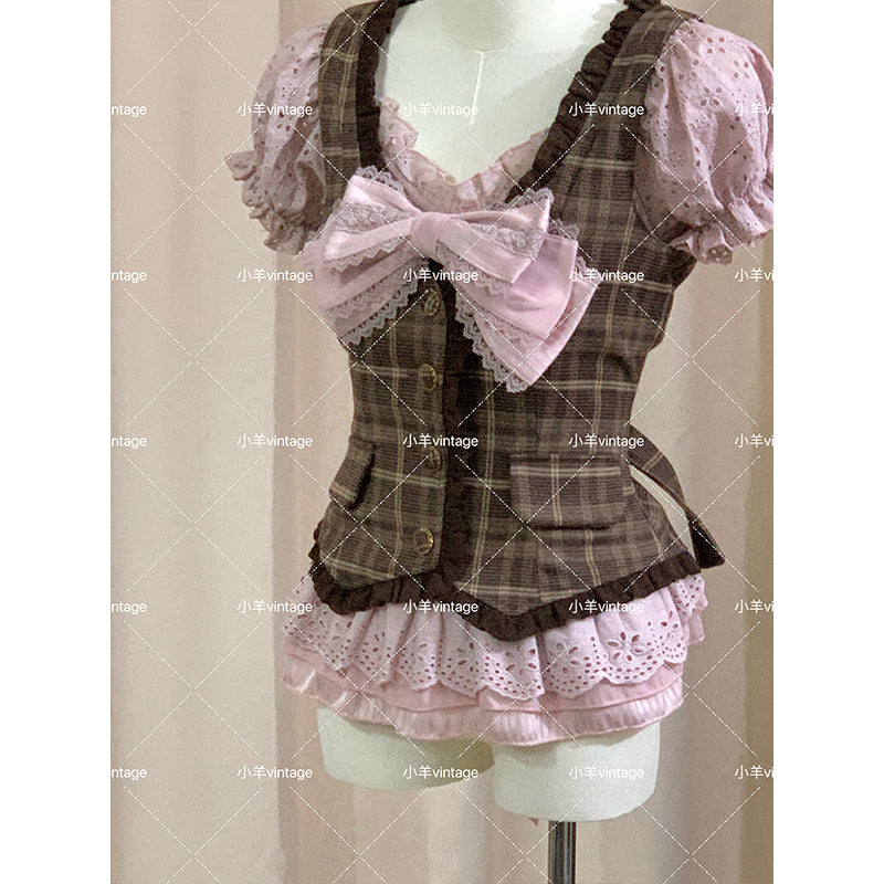 Retro Bow Lace Top Pink Plaid Vest