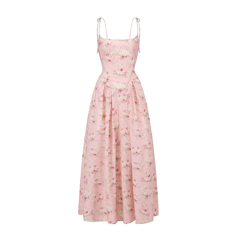 French Floral Fishbone Pink Dress