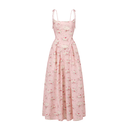 French Floral Fishbone Pink Dress
