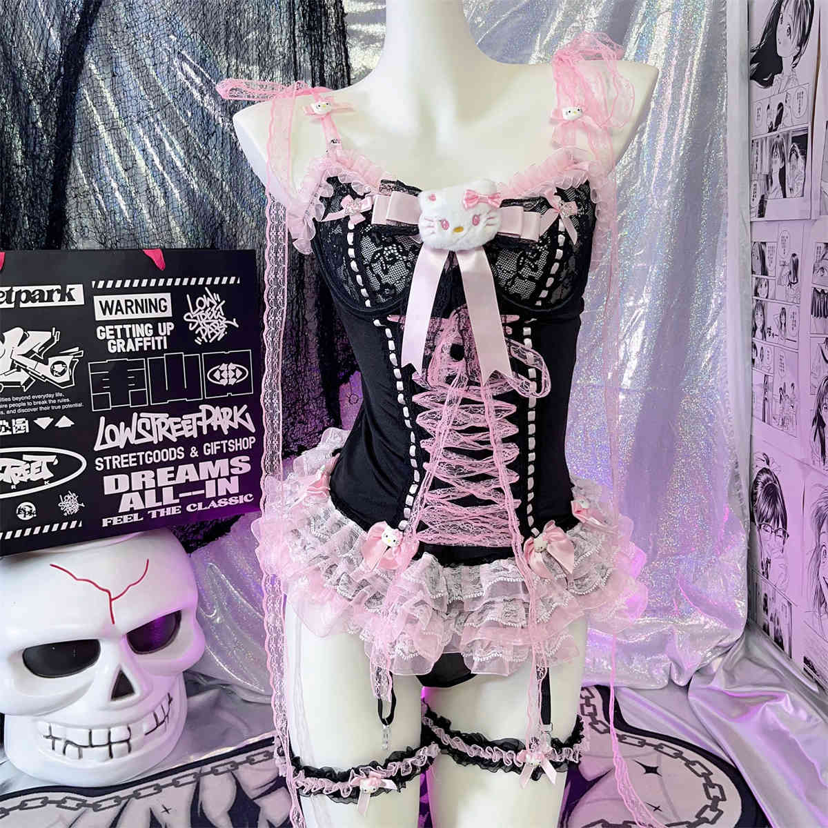Y2K Black Pink Lace Bow Corset
