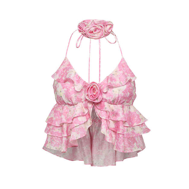 Pink Rose Floral Ruffle Halter Top & Skirt