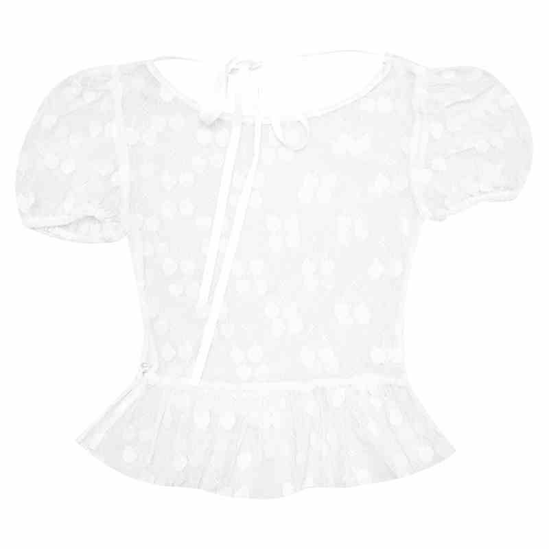 Jacquard Lace Mesh Puff-sleeve Top