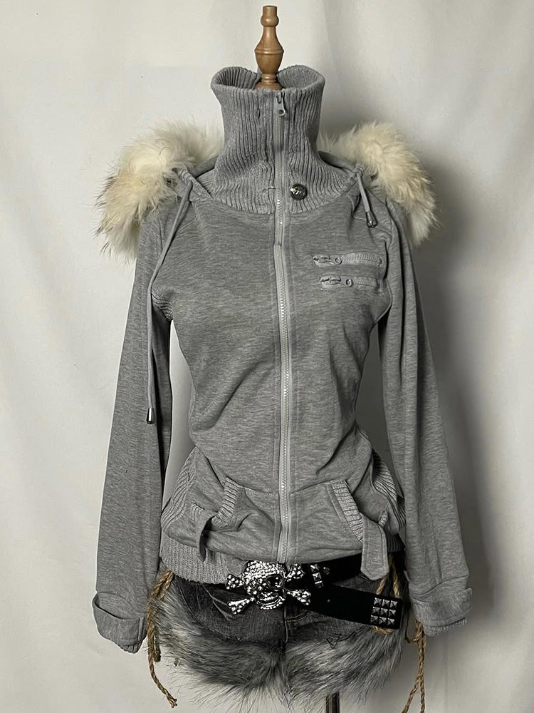 retro gray fur collar hooded jacket