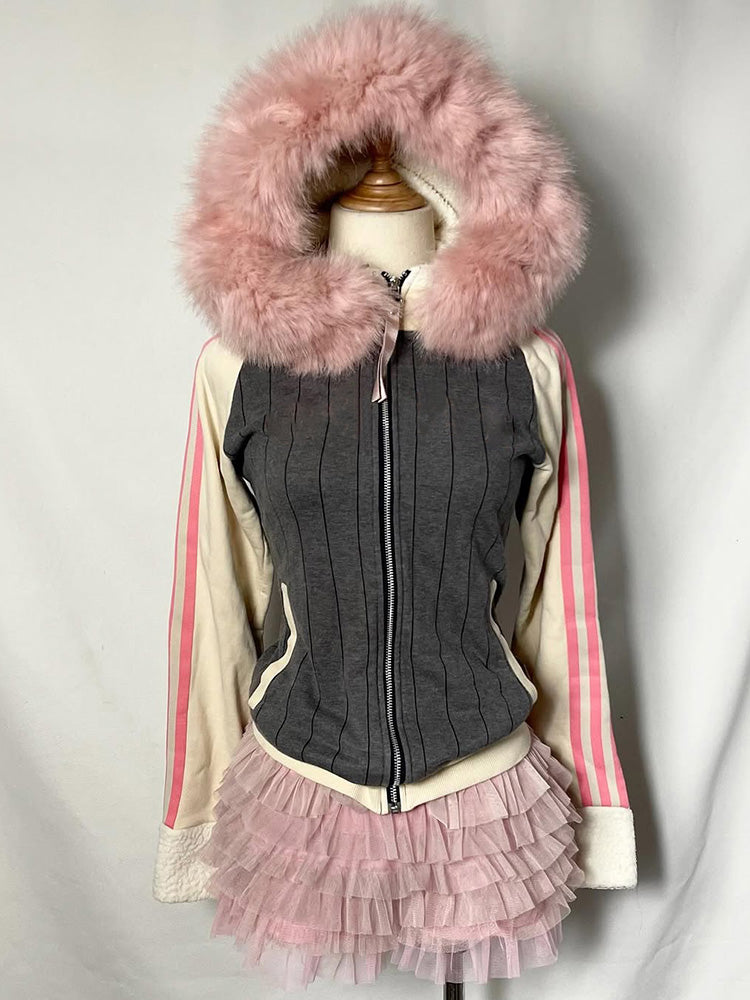 retro gray hooded pink fur collar sweatshirt jacket