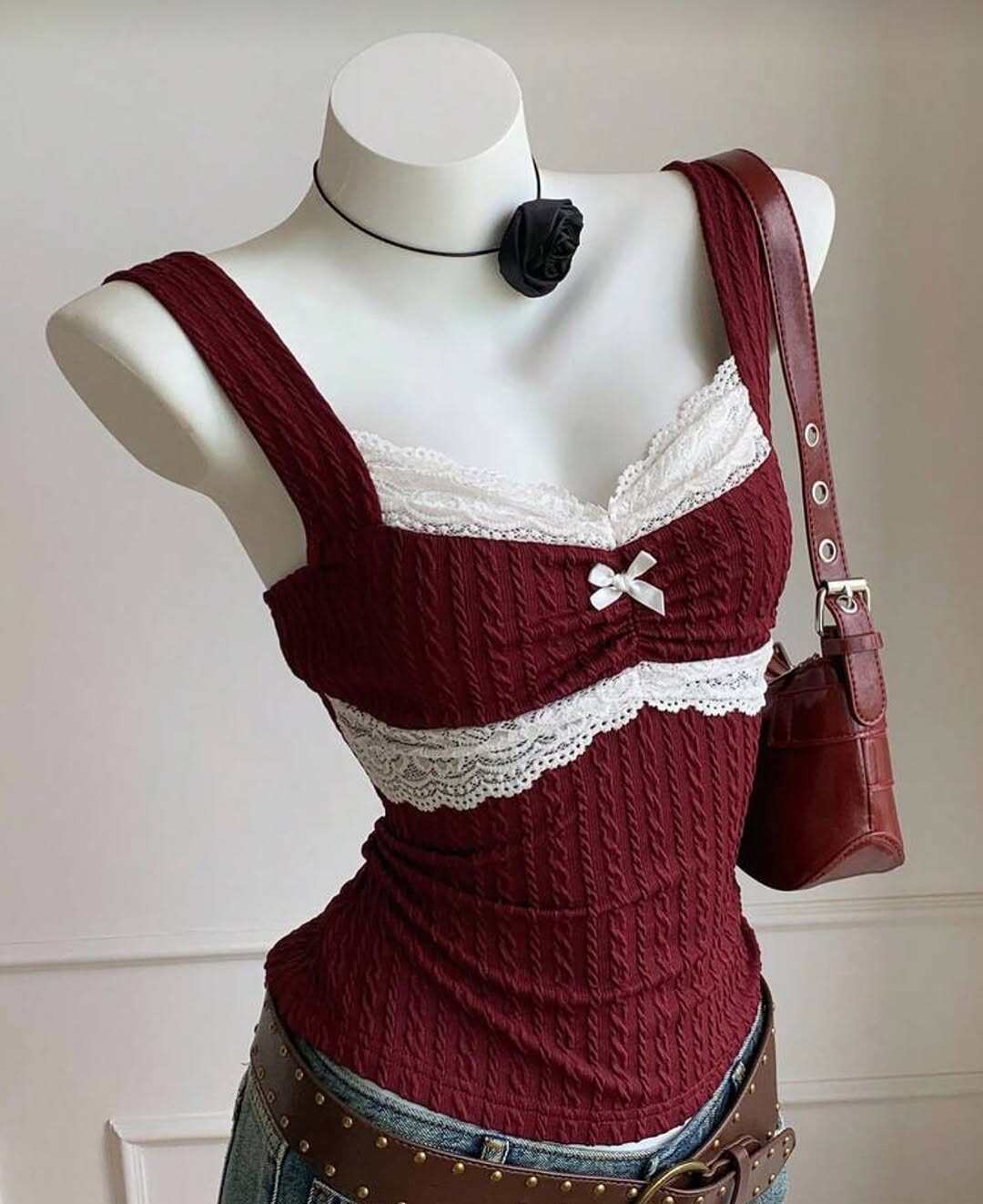 burgundy lace knit tank top