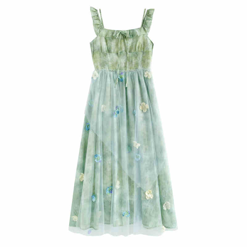 Green Field Flower Suspender Dress