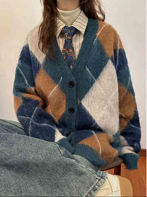 Preppy Retro Rhombus Knitted Cardigan