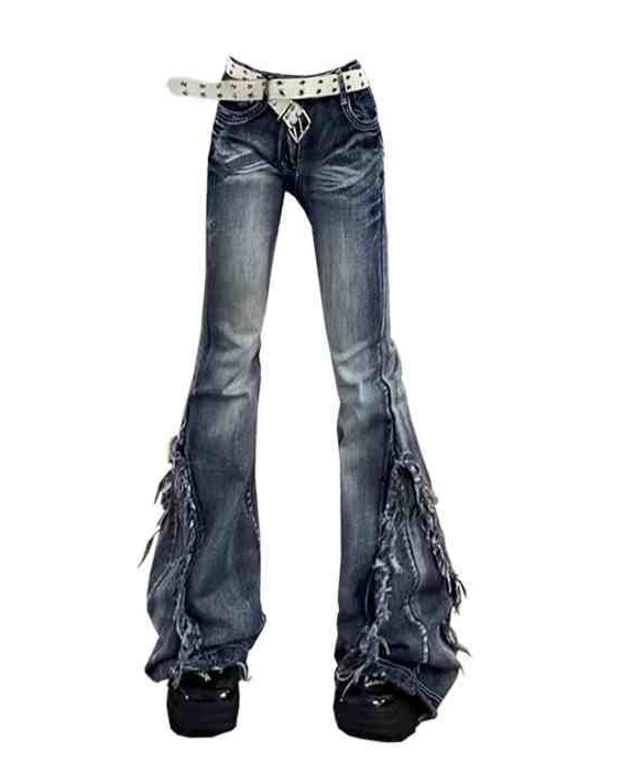 Y2K Grunge Washed Fringe Jeans