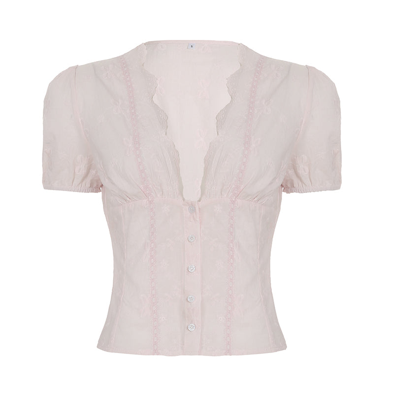 Bow V-neck Lace Shirt