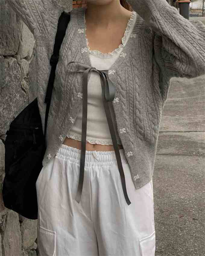 Preppy Bow Tie Coquette Knitted Cardigan