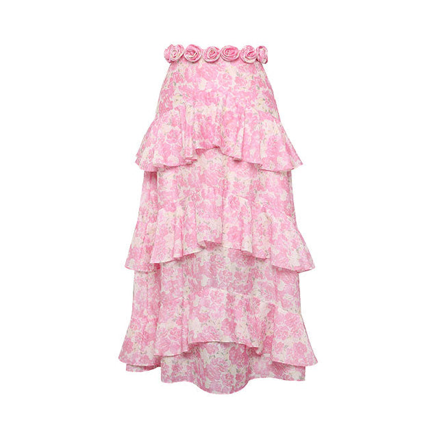 Pink Rose Floral Ruffle Halter Top & Skirt