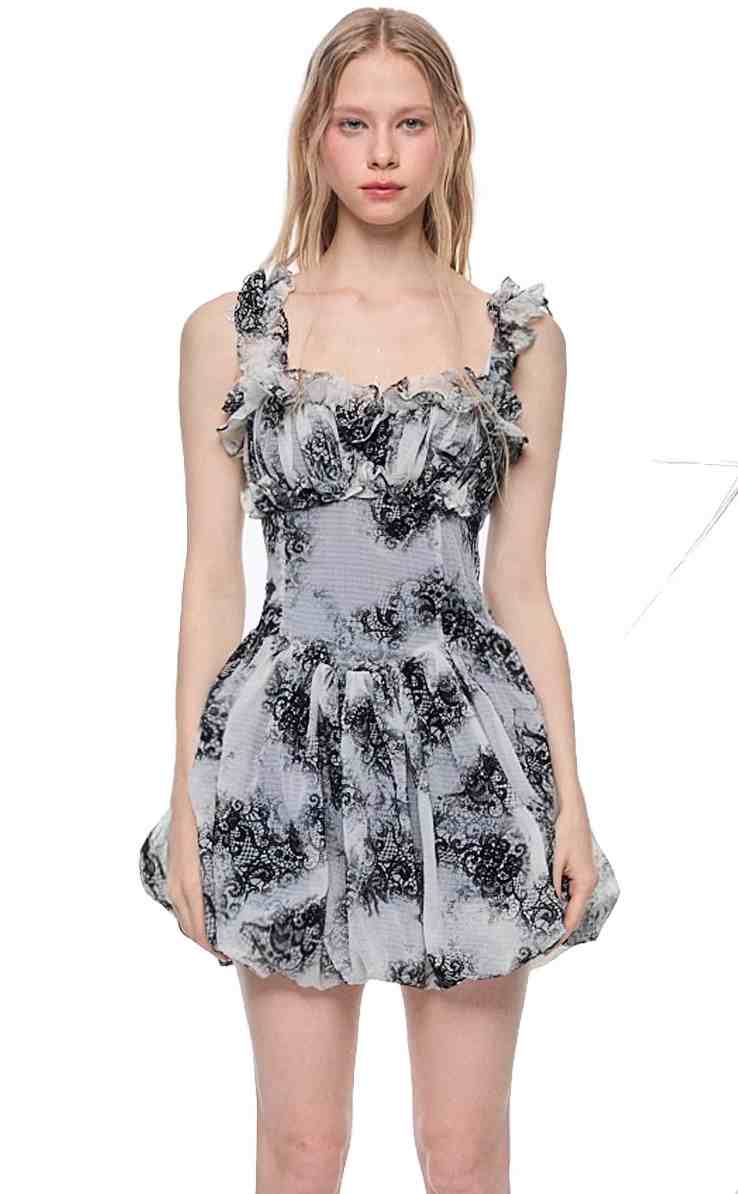 Flocked Ruffled Suspender Drawstring Dress