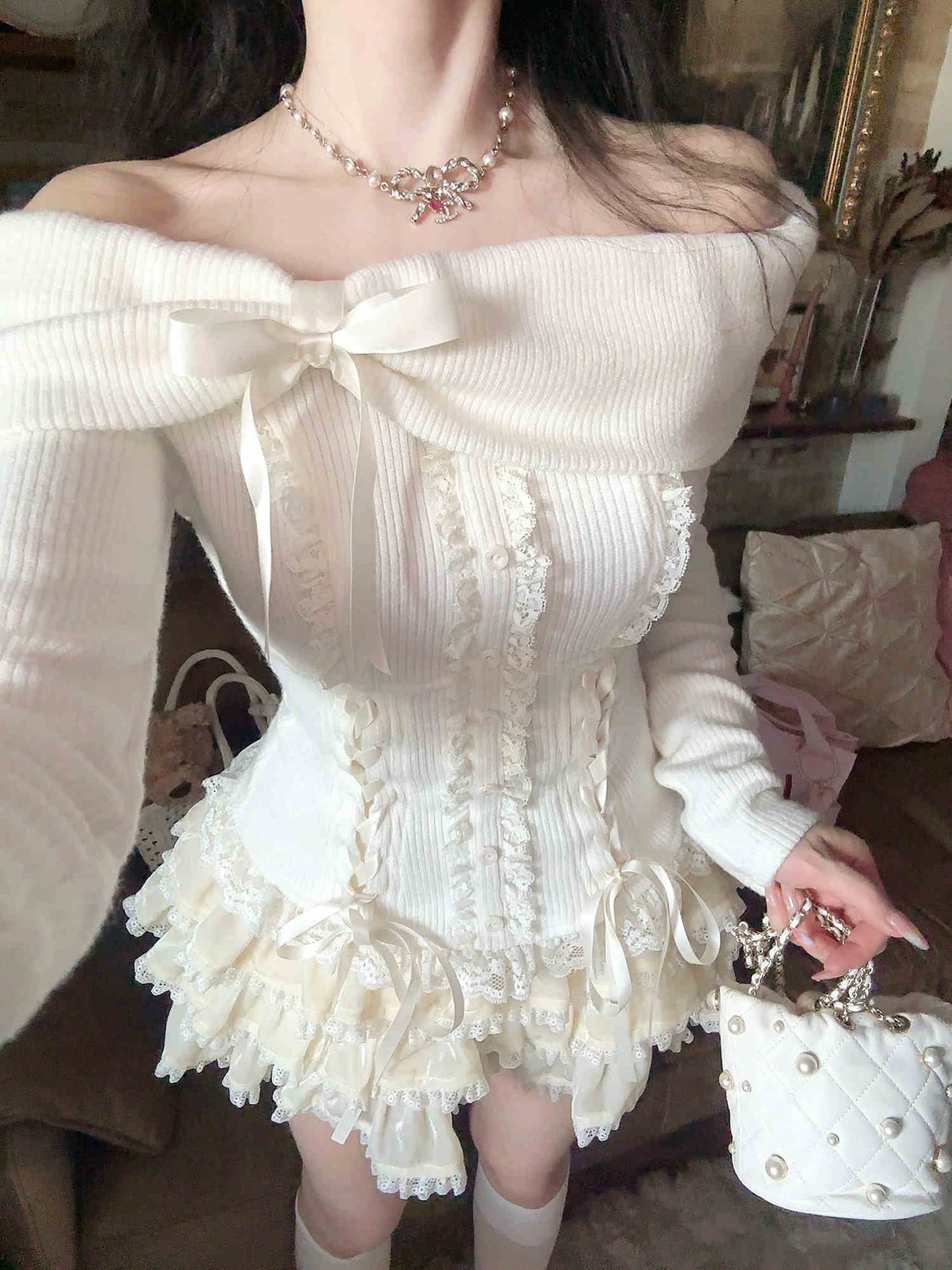 Soft Bow Off-shoulder Sweater