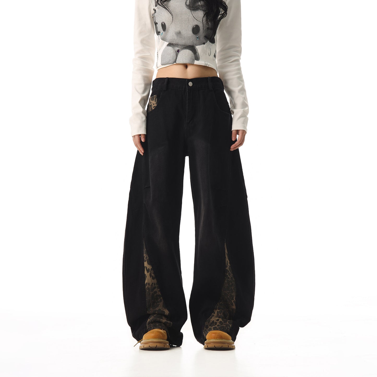 retro leopard print scimitar jeans