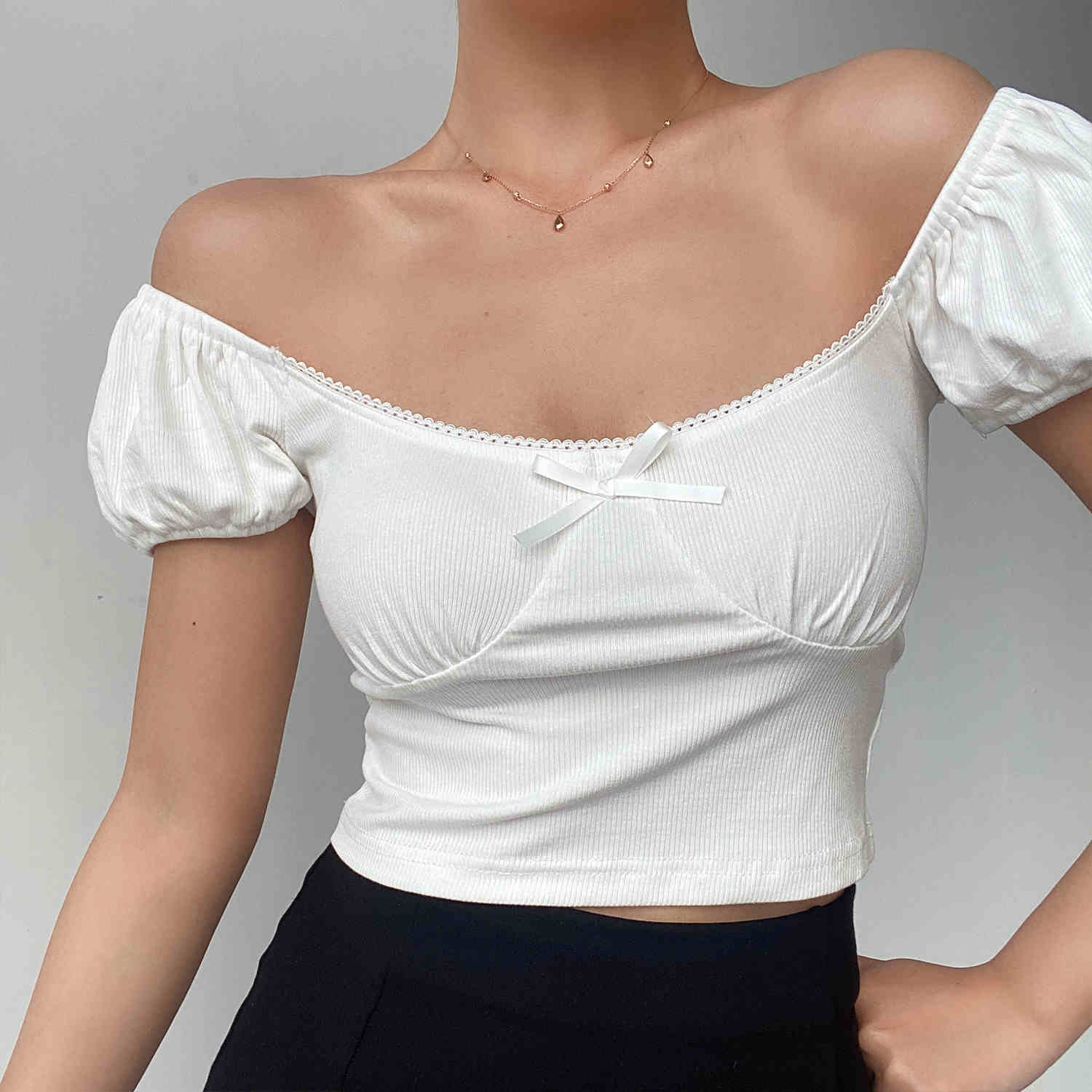 Coquette Puff Sleeve Bow Crop Top