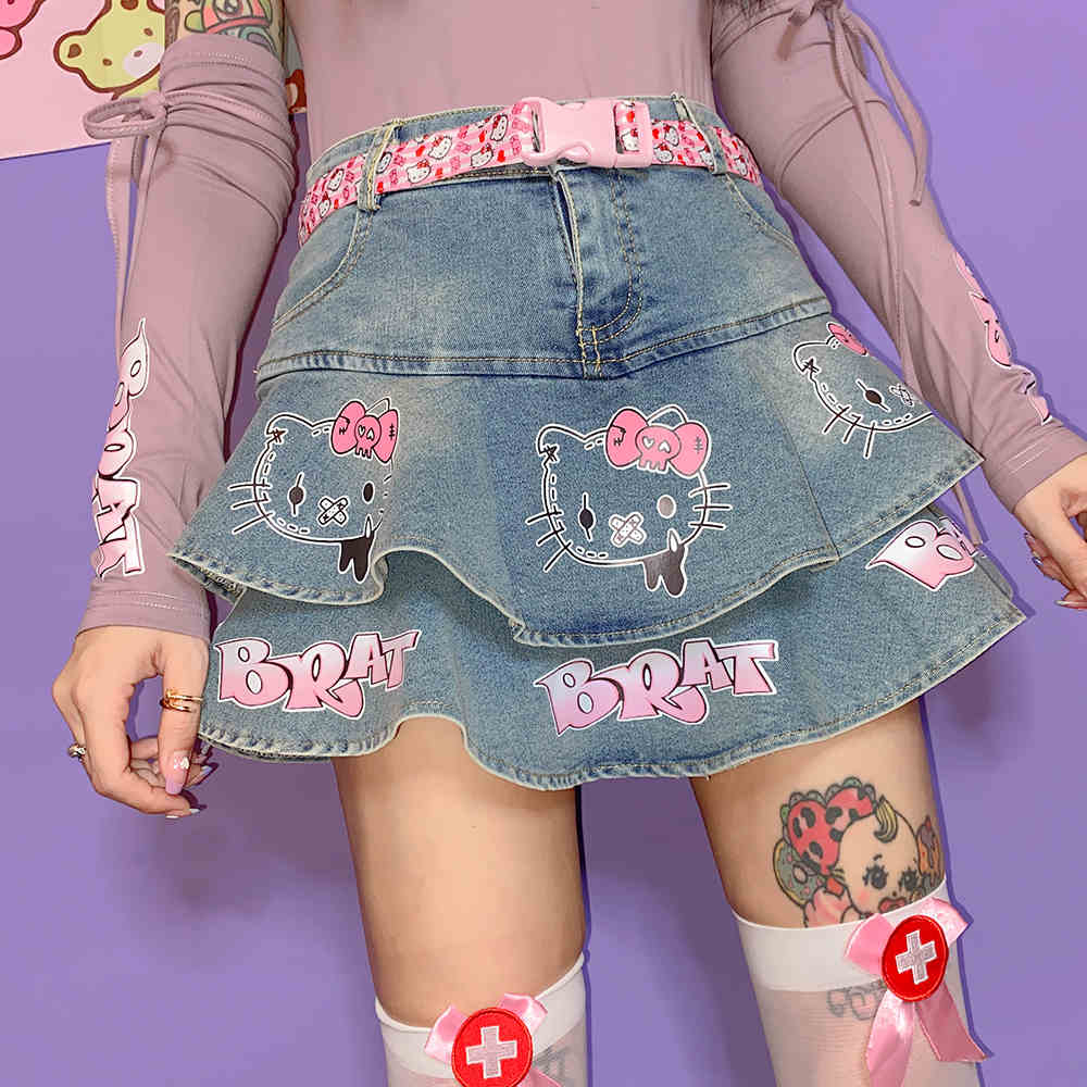 Y2K Kitty Denim Skirt