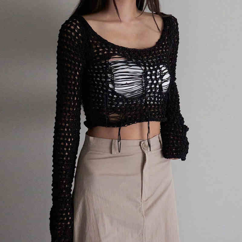 Mesh Ripped Hollow Knit Blouse